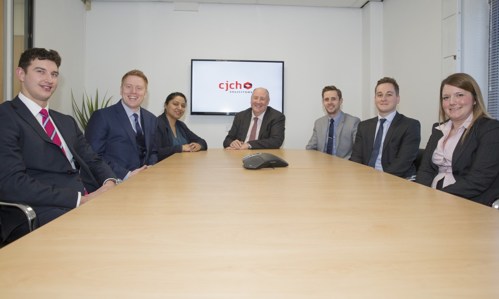 CJCH trainee solicitors at CJCH offices in Cardiff. (Left to right) Max Wootton, Andrew Windross, Mahbuba Ali, Stephen Clarke, Craig Mills, Sam Pearson, Rebecca May.