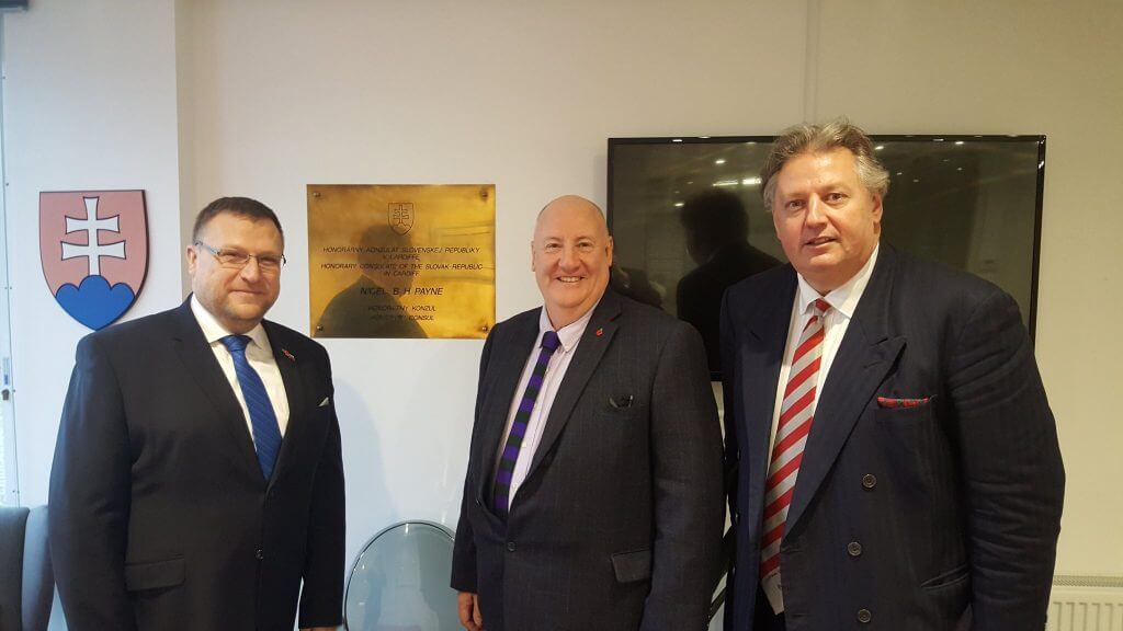 His Excellency Lubomír Rehák, Honorary Slovak Consul Wales Mr. Nigel Payne, and CJCH Senior Partner Stephen Clarke